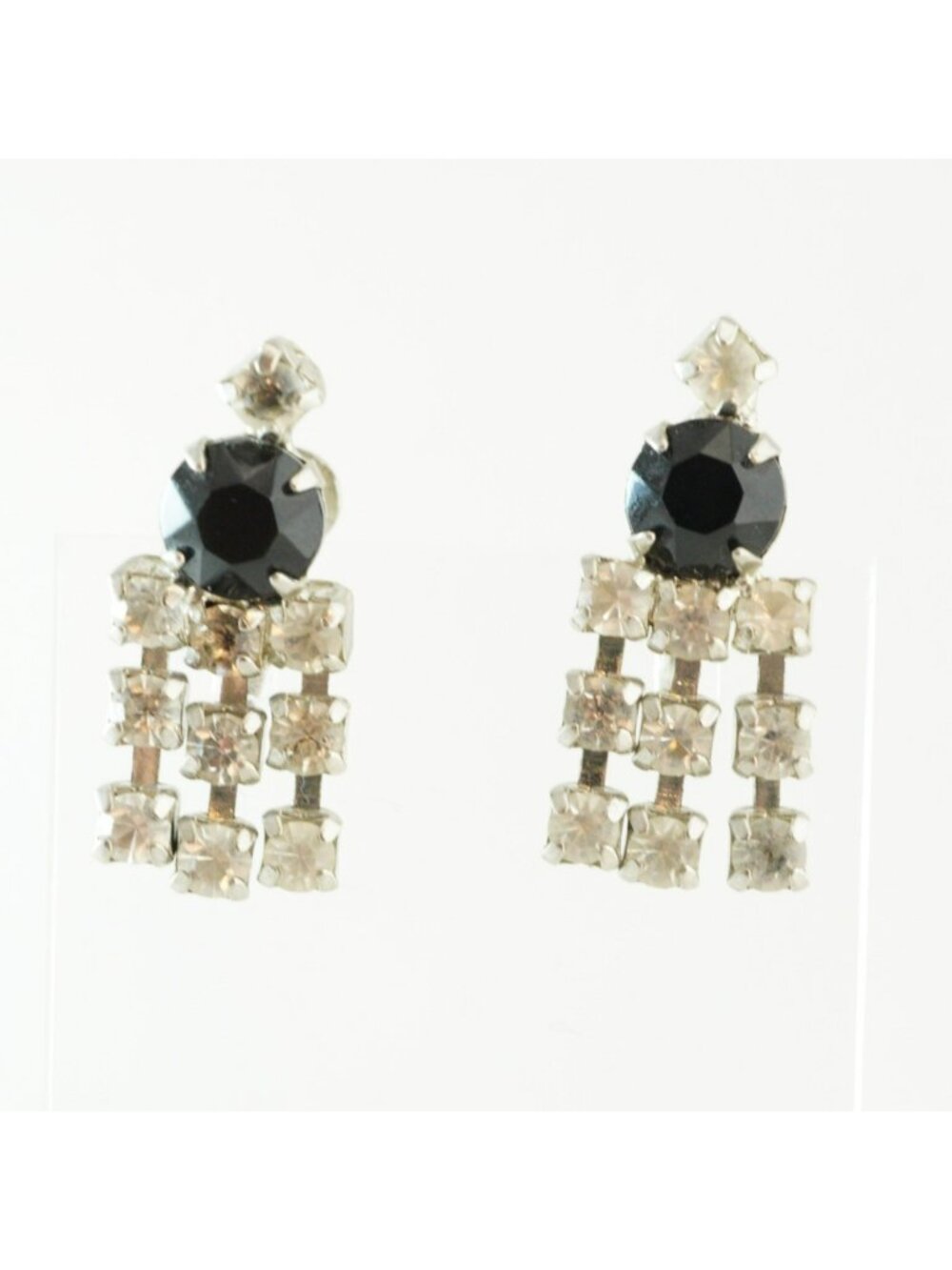 Vintage Rhinestone Drop Earrings Black Clear Silver Tone Screw Back